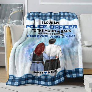 Personalized Police Couple Blanket - I Love My Police Officer To The Moon And Back - Blanket - GoDuckee
