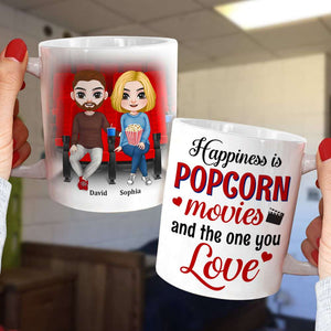 Happiness Is Popcorn Movies And The One You, Couple Cinema White Mug - Coffee Mug - GoDuckee