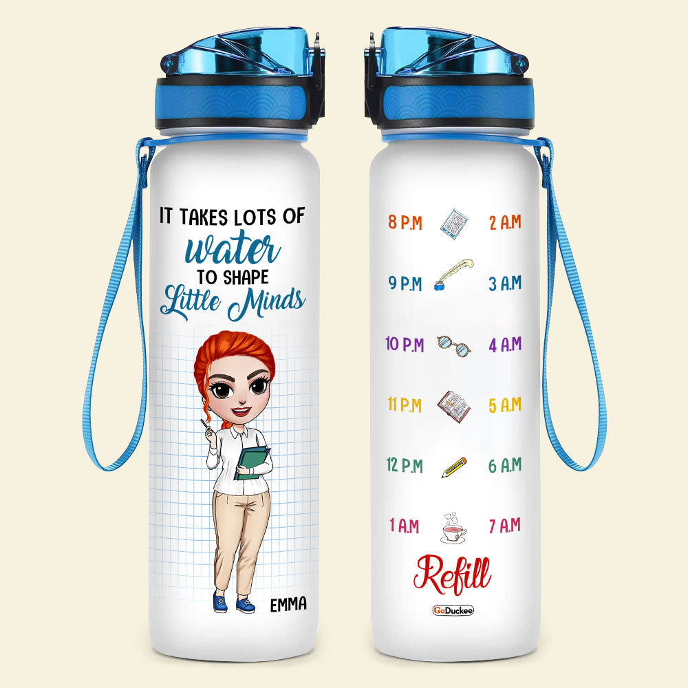 Personalized Teacher Dolls Water Tracker Bottle - It Takes Lots Of Water To Shape Little Minds - Water Bottles - GoDuckee