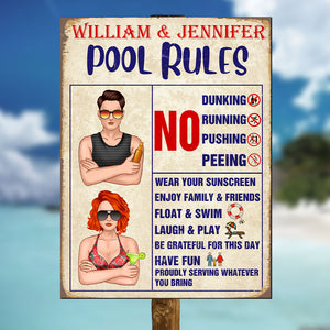 Personalized Swimming Pool Couple Metal Sign - Pool Rules - Metal Wall Art - GoDuckee