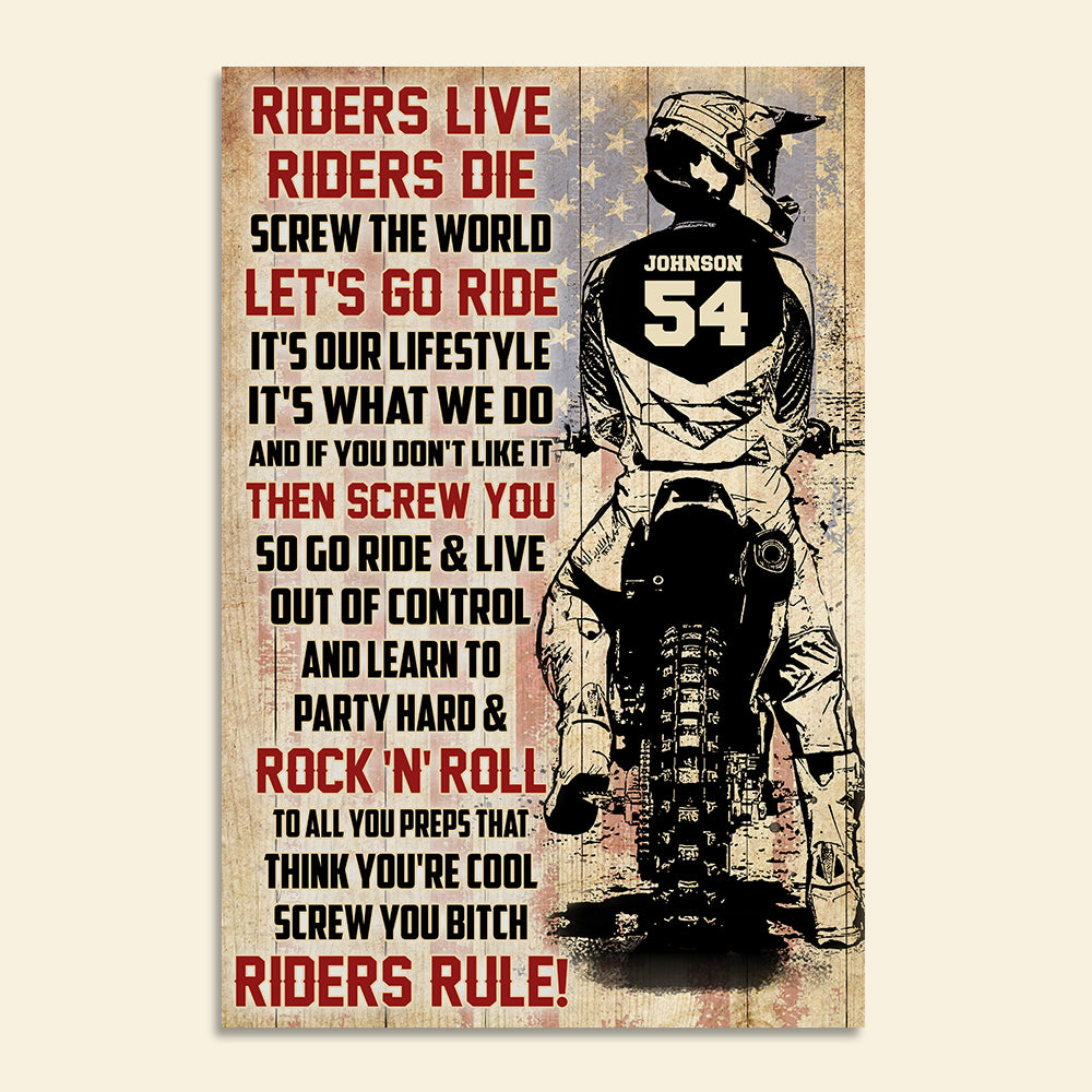 Vintage Motocross Poster - Custom Name, Number Rider - Riders Live Riders Die - American Flag - Poster & Canvas - GoDuckee