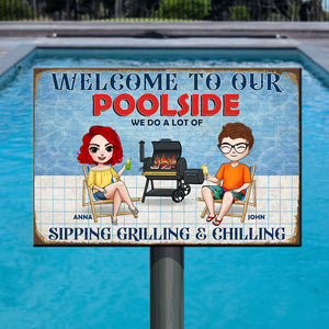 Personalized Pool Metal Sign Couple Relaxing At Swimming Pool - Metal Wall Art - GoDuckee