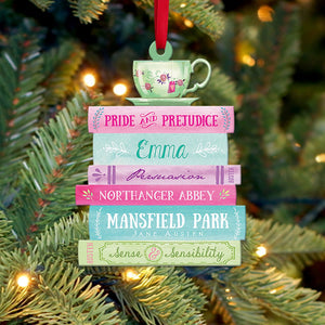 Jane Austen Bookstack and Tee Cup Personalized Christmas Ornament - Ornament - GoDuckee