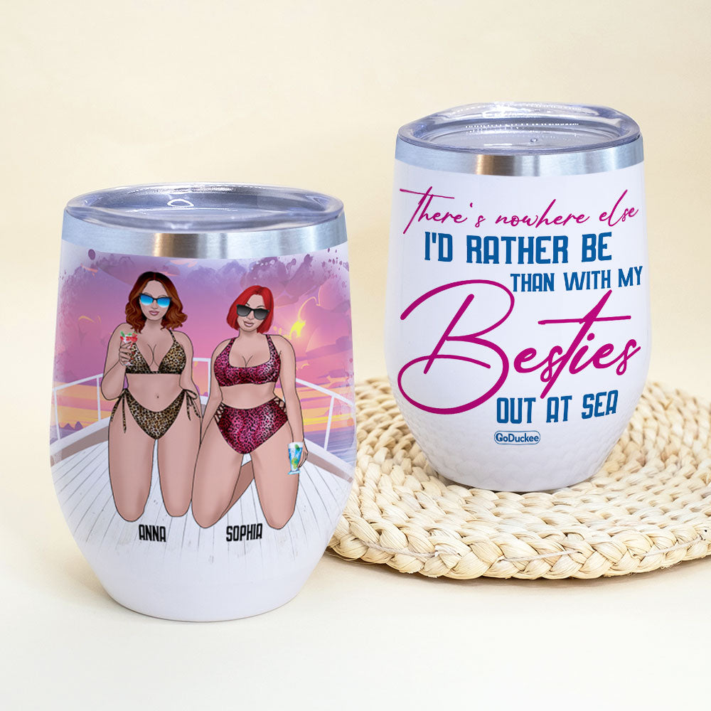 Personalized Bikini Girls Trip Wine Tumbler - There's Nowhere Else I'd Rather Be Than With My Besties Out At Sea - Leopard Pattern - Wine Tumbler - GoDuckee