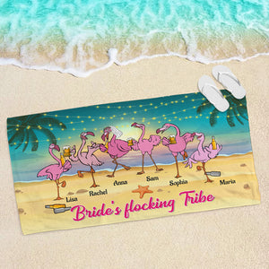 Flamingo Bridesmaid Bride's Flocking Tribe Personalized Beach Towel Gift For Her - Beach Towel - GoDuckee