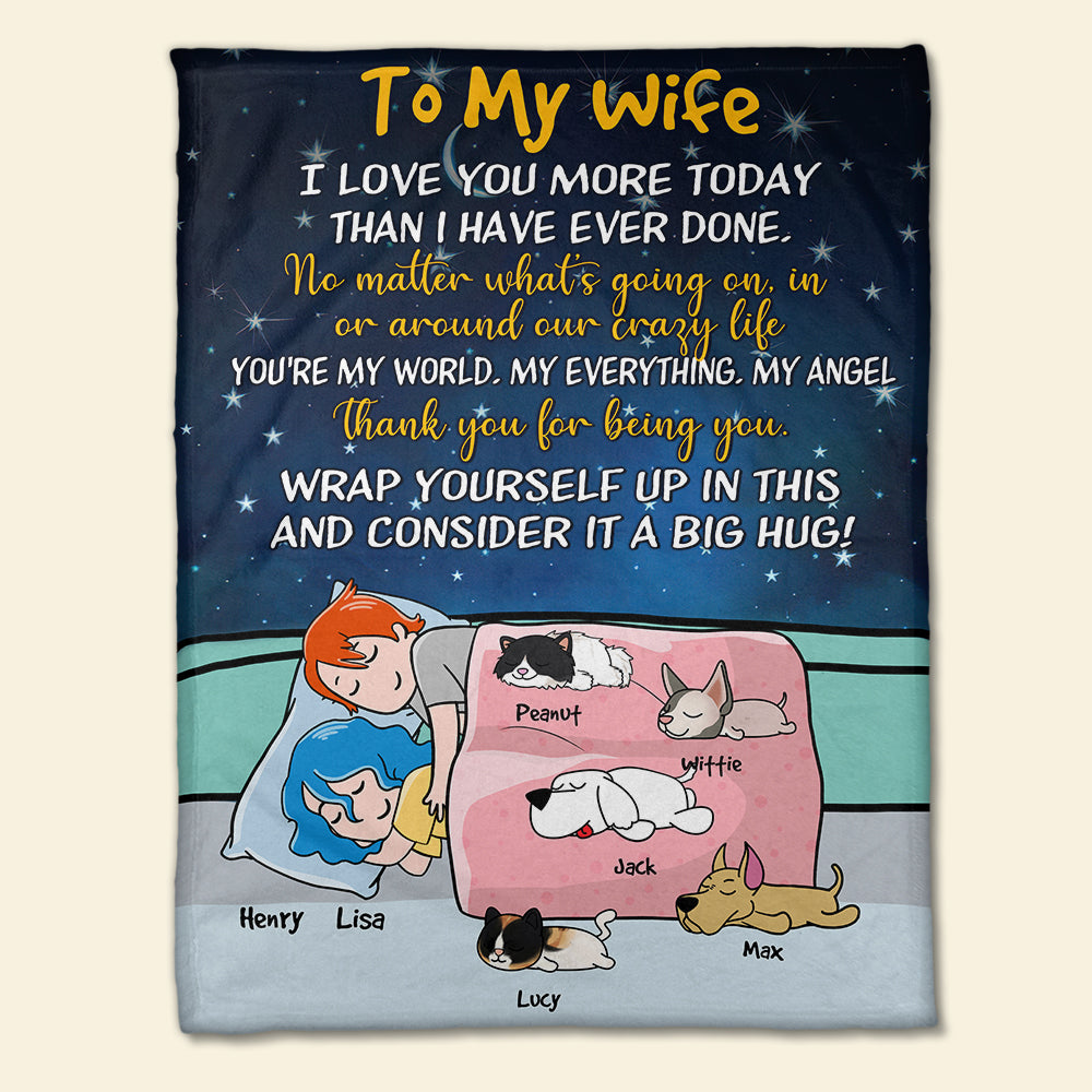 Personalized Cartoon Sleeping Couple & Cat, Dog Breeds Blanket - To My Wife - Blanket - GoDuckee
