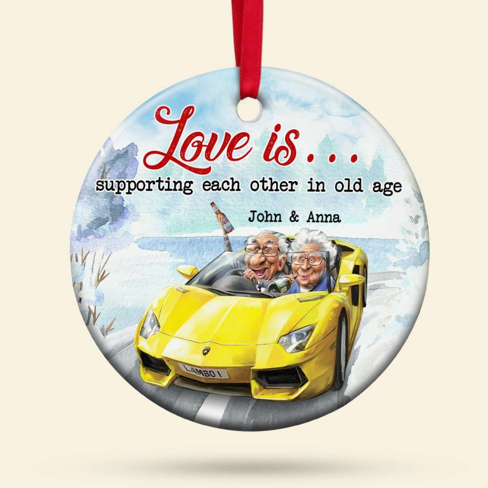 Funny Old Couple Driving Car, Personalized Ceramic Ornament, Gift For Sport Car Lovers - Ornament - GoDuckee