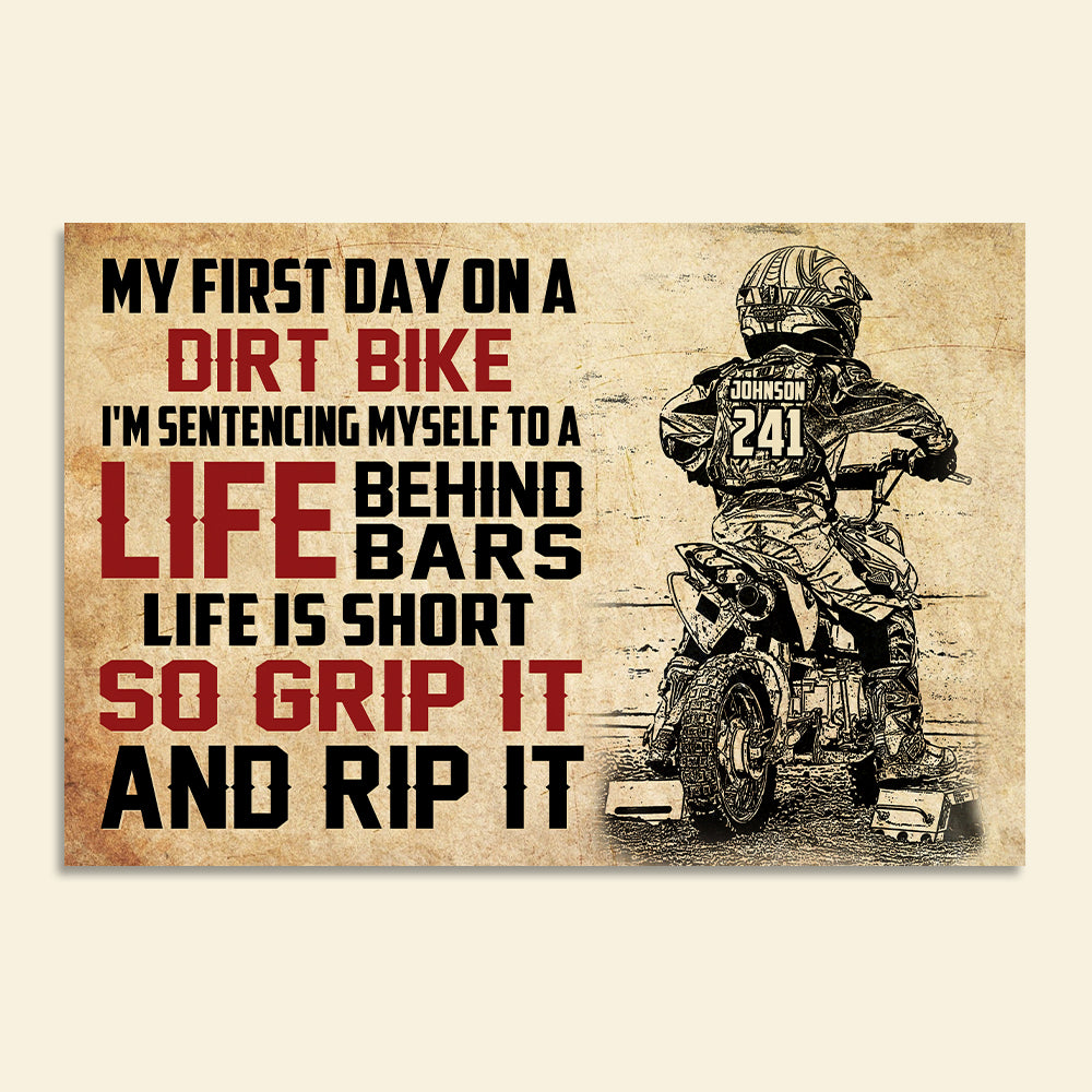 Vintage Motocross Poster - Custom Name, Number - My First Day On A Dirt Bike - Grip It and Rip It - Poster & Canvas - GoDuckee