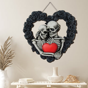 Personalized Skeleton Couple Wood Sign, Black Rose Heart Shape, Gift For Couple - Wood Sign - GoDuckee