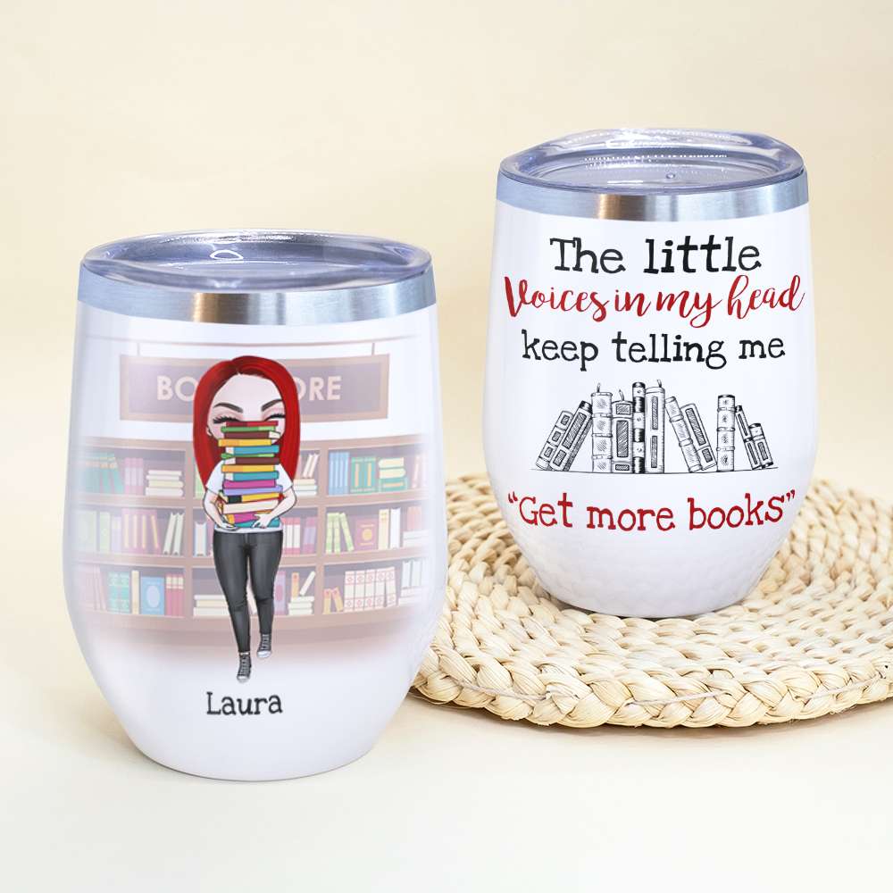 Personalized Library Girl With A Stack of Books Wine Tumbler - The Little Voices In My Head - Wine Tumbler - GoDuckee