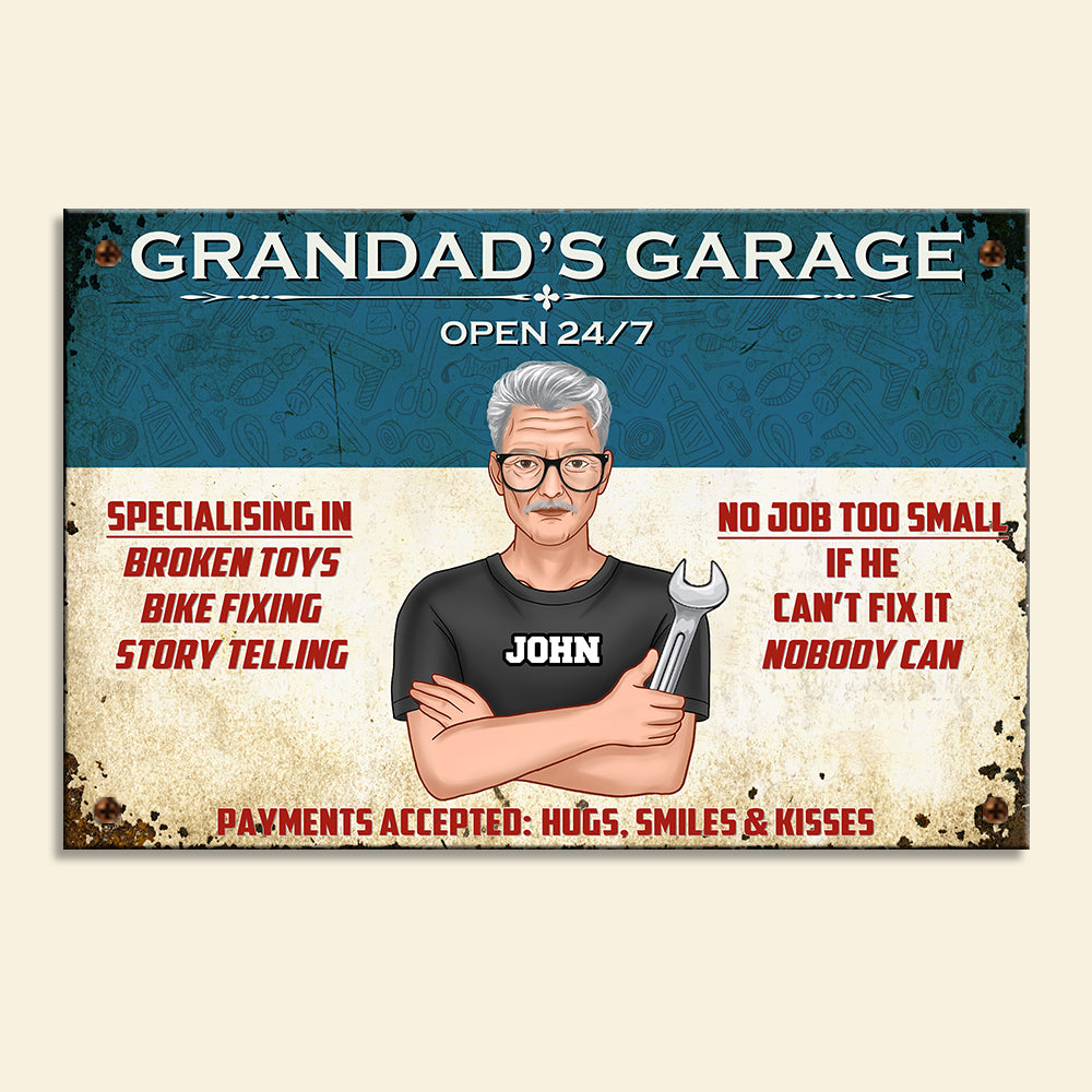 Open 24/7 - Personalized Fixing Grandpa Metal Sign - Grandad's Garage - Gift For Dad - Metal Wall Art - GoDuckee