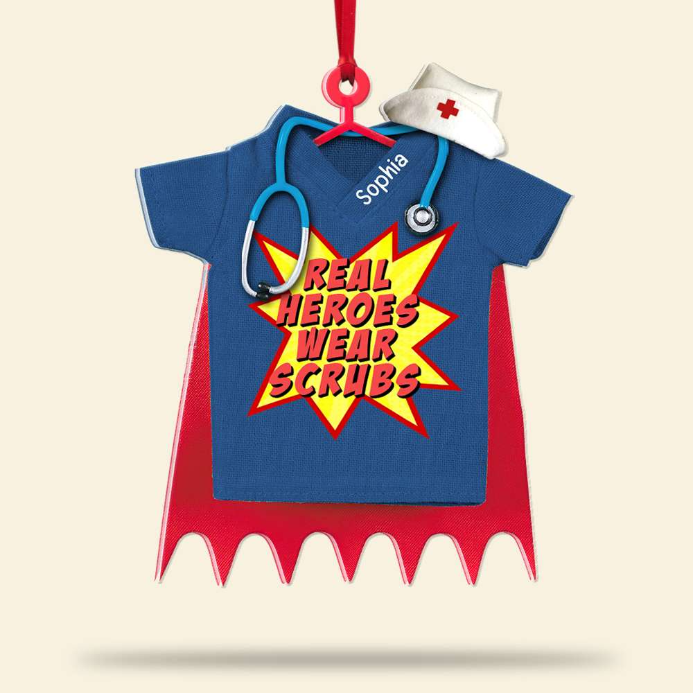Nurse Real Heroes Wear Scrubs, Personalized Ornament, Christmas For Nurse, Healthcare Worker - Ornament - GoDuckee