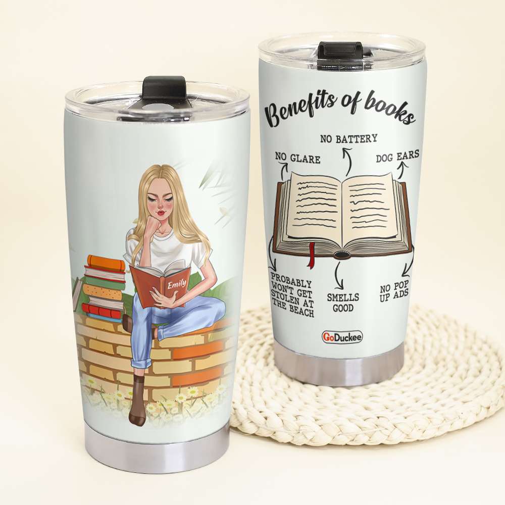 Personalized Reading Girl Tumbler - Benefits Of Books - Nose In A Book - Tumbler Cup - GoDuckee
