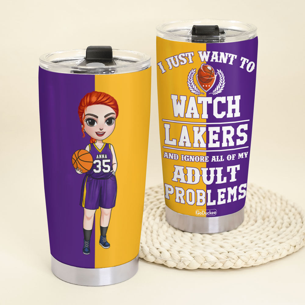 Personalized Basketball Girl Tumbler - I Just Want To Watch Basketball And Ignore All Of My Adult Problems - Tumbler Cup - GoDuckee