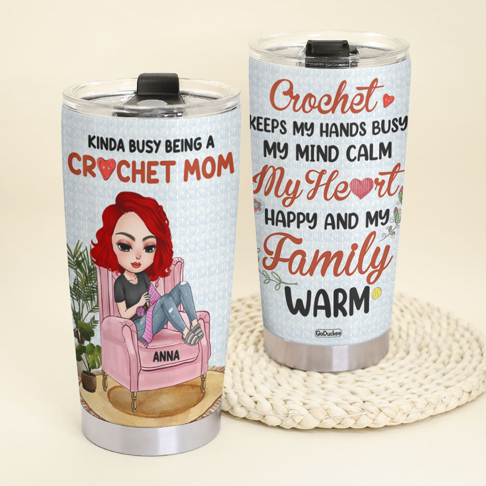 Personalized Crocheting Girl Tumbler - Kinda Busy Being A Crochet Mom - Tumbler Cup - GoDuckee