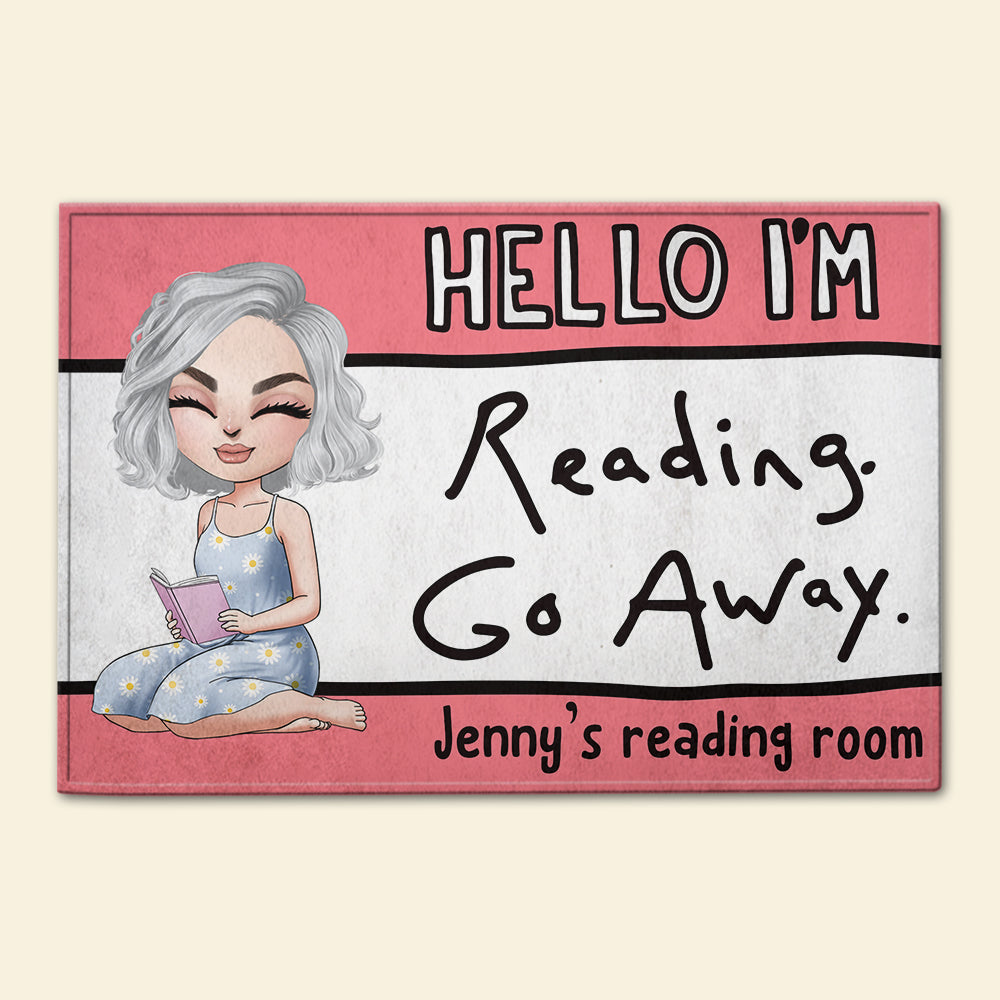 Personalized Reading Girl Welcome Mat - Custom Name - Hello I'm Reading Go Away - Doormat - GoDuckee