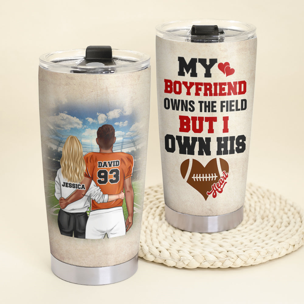 Personalized American Football Couple Tumbler - My Boyfriend Owns The Field But I Own His Heart - Tumbler Cup - GoDuckee