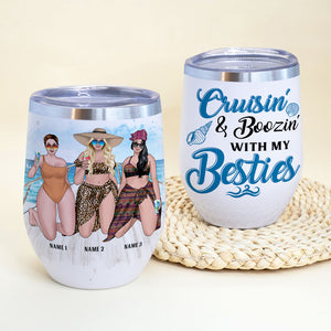 Personalized Bikini Girls Trip Wine Tumbler - Cruisin' & Boozin' With My Besties - Leopard Pattern - Wine Tumbler - GoDuckee