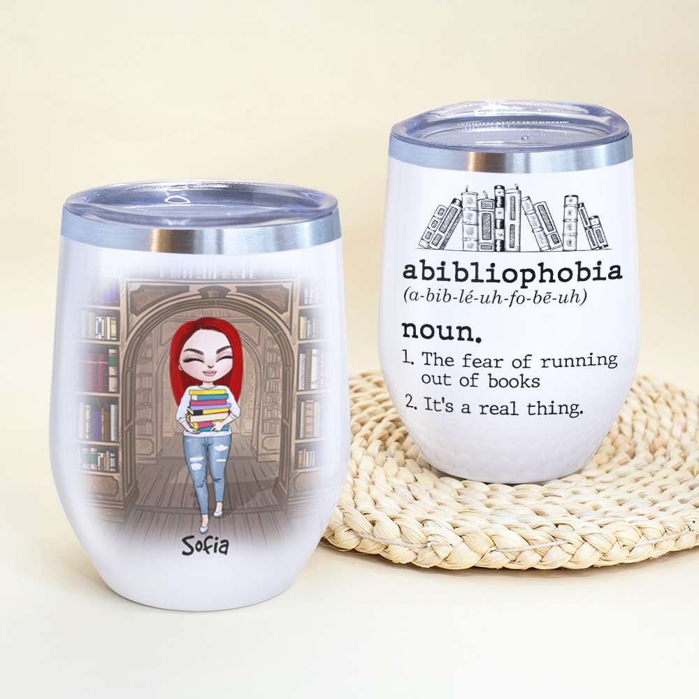 Personalized Library Girl With A Stack of Books Wine Tumbler - Abibliophobia - Wine Tumbler - GoDuckee