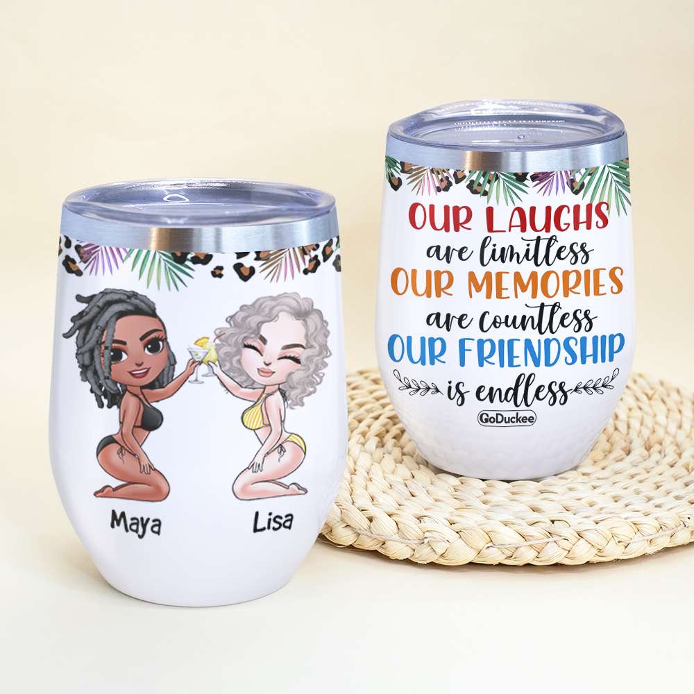 Personalized Bikini Besties Dolls Wine Tumbler - Our Friendship Is Endless - Cool Summer Girls - Wine Tumbler - GoDuckee