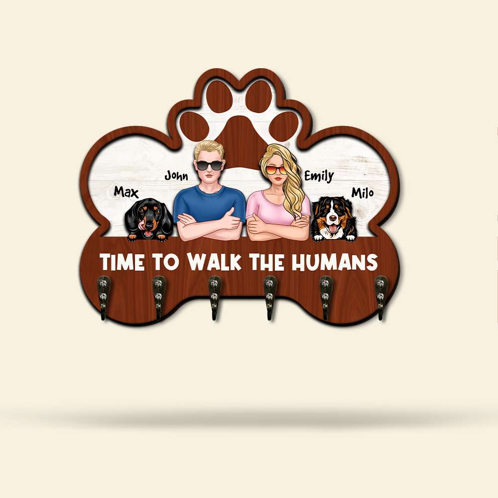 Dogs Time To Walk The Humans - Personalized 2 Layers Wood Key Hanger - Wood Sign - GoDuckee
