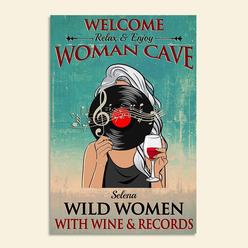 Personalized Vinyl Girl Poster - Welcome Relax & Enjoy - Vinyl Record & Wine - Poster & Canvas - GoDuckee