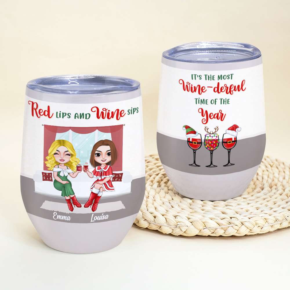 Red Lips And Wine Sips, Personalized Wine Tumbler Christmas Gift For Besties - Wine Tumbler - GoDuckee
