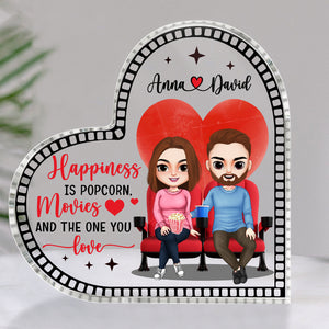Happiness Is Popcorn Movie And The One You Love, Personalized Heart Shaped Acrylic Plaque - Decorative Plaques - GoDuckee