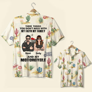 Personalized Biker Couple Hawaiian Shirt - Three Things You Don't Mess With - Cactus Pattern - Hawaiian Shirts - GoDuckee