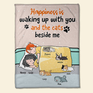 Personalized Cartoon Sleeping Couple & Dog Breeds Blanket - Happiness Is Waking Up With You - Blanket - GoDuckee