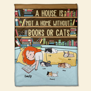 Personalized Cartoon Sleeping Cat Mom & Cat Breeds Blanket - A House Is Not A Home Without Books Or Cats - Blanket - GoDuckee