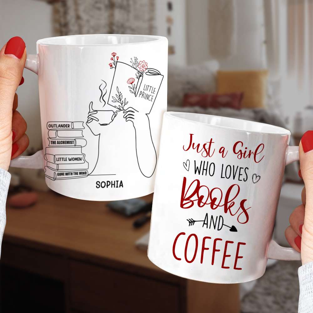 Girl Reading & Drink Coffee Line Art - Custom Book Title Mug - Gift For Book Lovers - Coffee Mug - GoDuckee