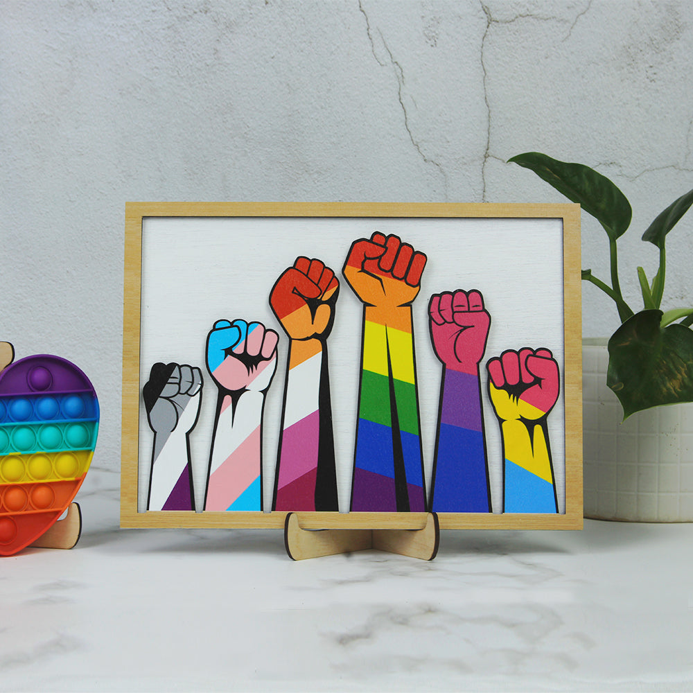 LGBT Raising Hands For Equality Layered Wood Sign Stand - Wood Sign - GoDuckee