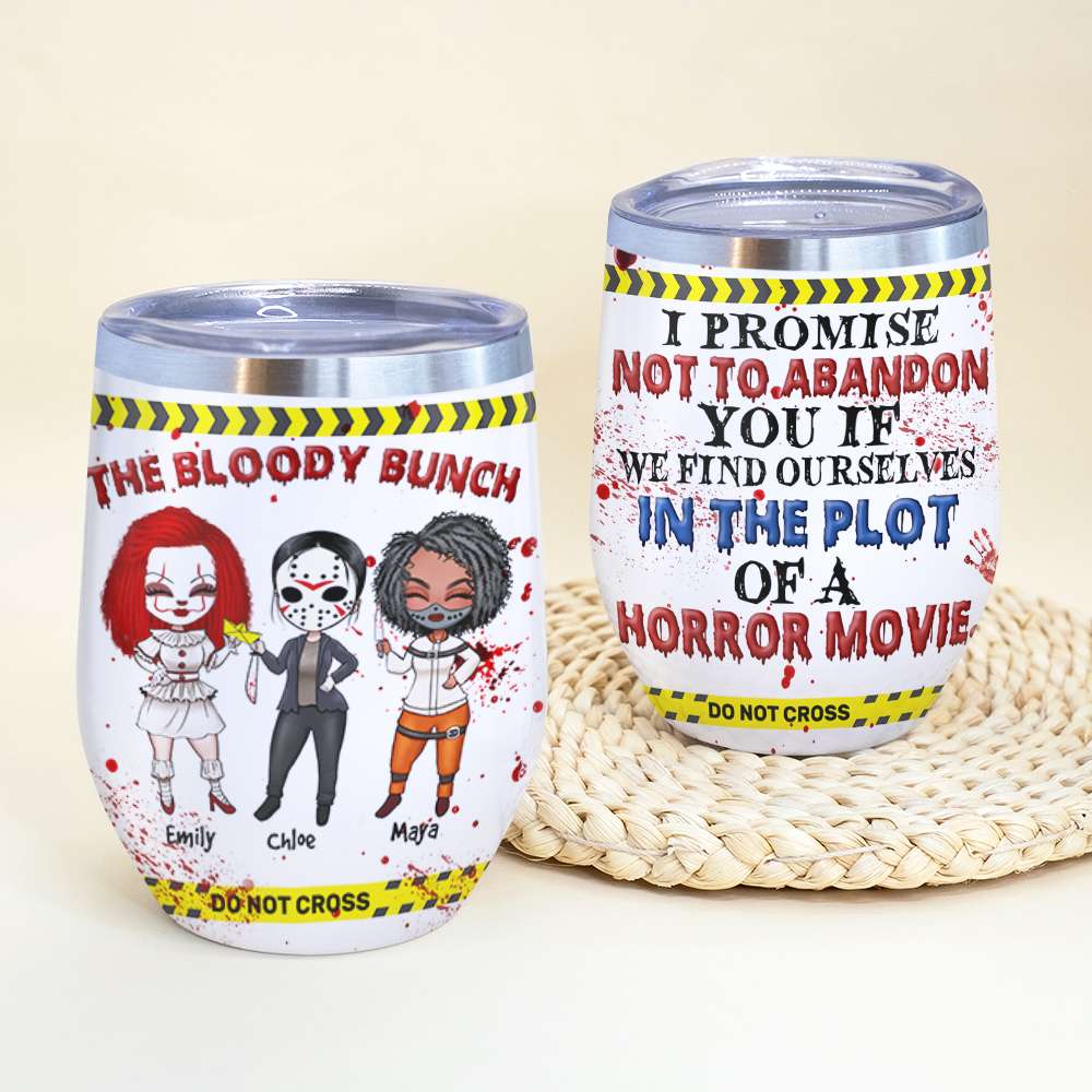 Personalized Horror Movie Girls Wine Tumbler - The Bloody Bunch - Warning Theme - Wine Tumbler - GoDuckee