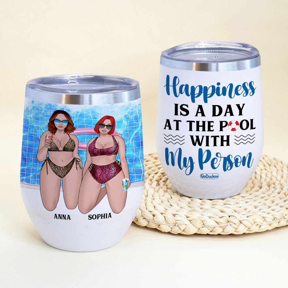 Personalized Bikini Girls Trip Wine Tumbler - Happiness Is A Day At The Pool With My Person - Leopard Pattern - Wine Tumbler - GoDuckee