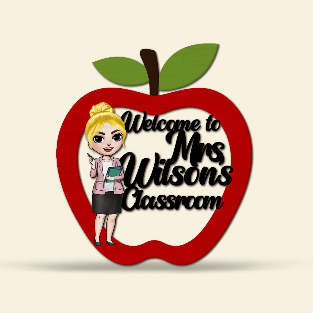 Apple Shape, Cute Teacher Personalized Welcome Wood Sign, Classroom Decor - Wood Sign - GoDuckee