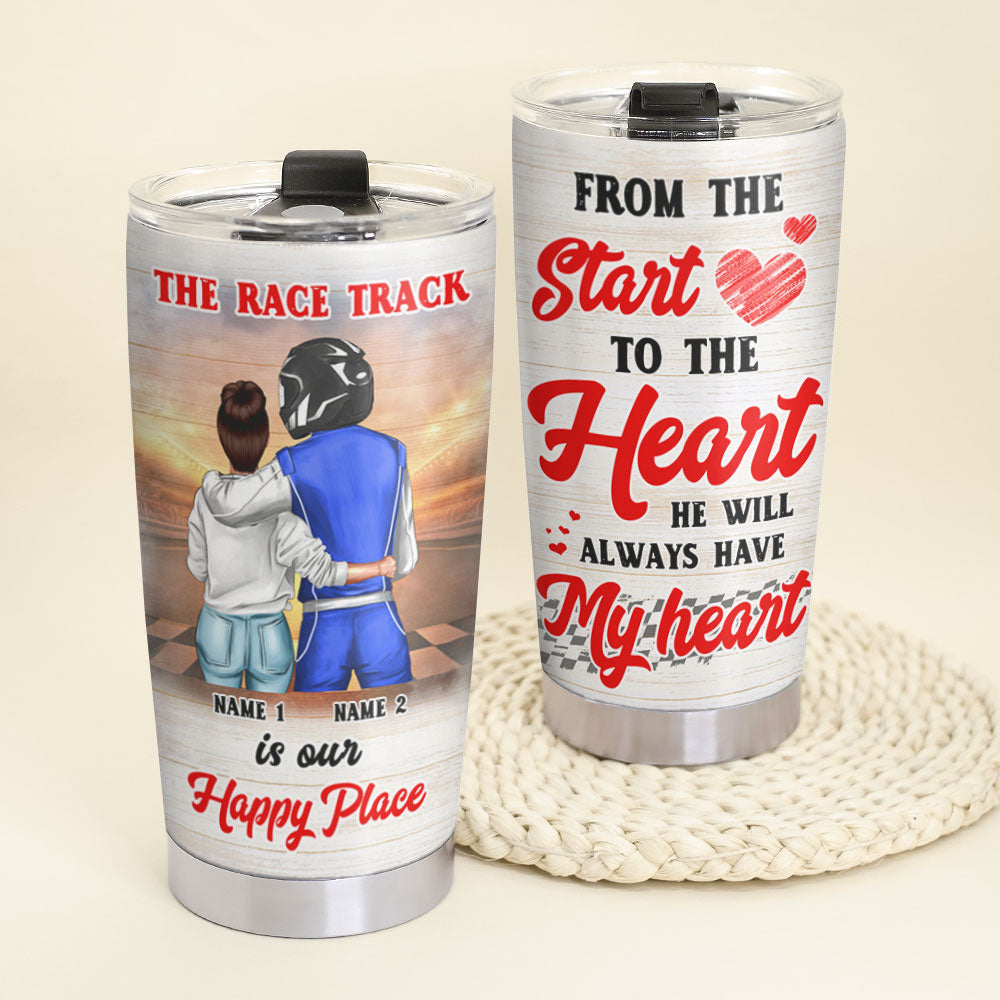 Personalized Racing Couple Tumbler - The Race Track Is Our Happy Place - Tumbler Cup - GoDuckee