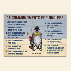 Personalized Fishing Man Poster - 10 Commandments For Anglers - Wood Print Art - Poster & Canvas - GoDuckee
