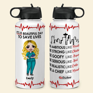 Personalized Nurse Dolls Water Bottle - It's A Beautiful Day To Save Lives - Water Bottles - GoDuckee