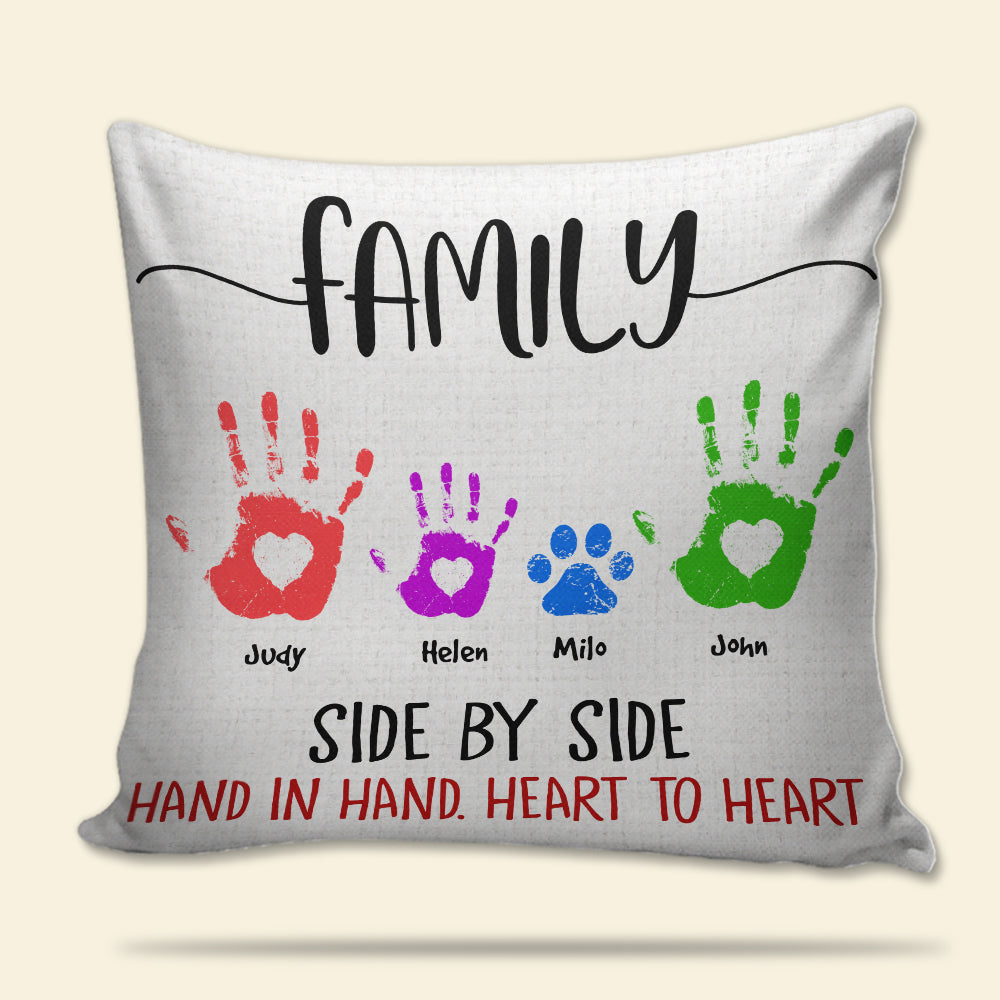 Family Side By Side Hand In Hand Heart To Heart - Personalized Family Pillow - Pillow - GoDuckee