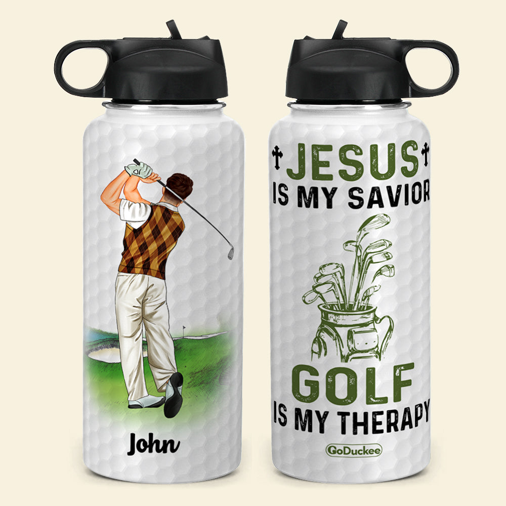 Jesus Is My Savior Golf Is My Therapy - Personalized Water Bottle - Water Bottles - GoDuckee
