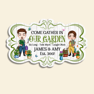 Come Gather In Our Garden, Personalized Metal Sign, Gift For Gardening Couple - Metal Wall Art - GoDuckee