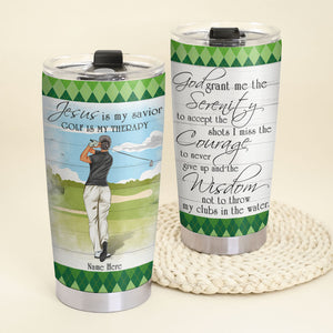 Personalized Golf Tumbler Cup - Jesus Is My Savior Golf Is My Therapy - Back Golfer - Tumbler Cup - GoDuckee