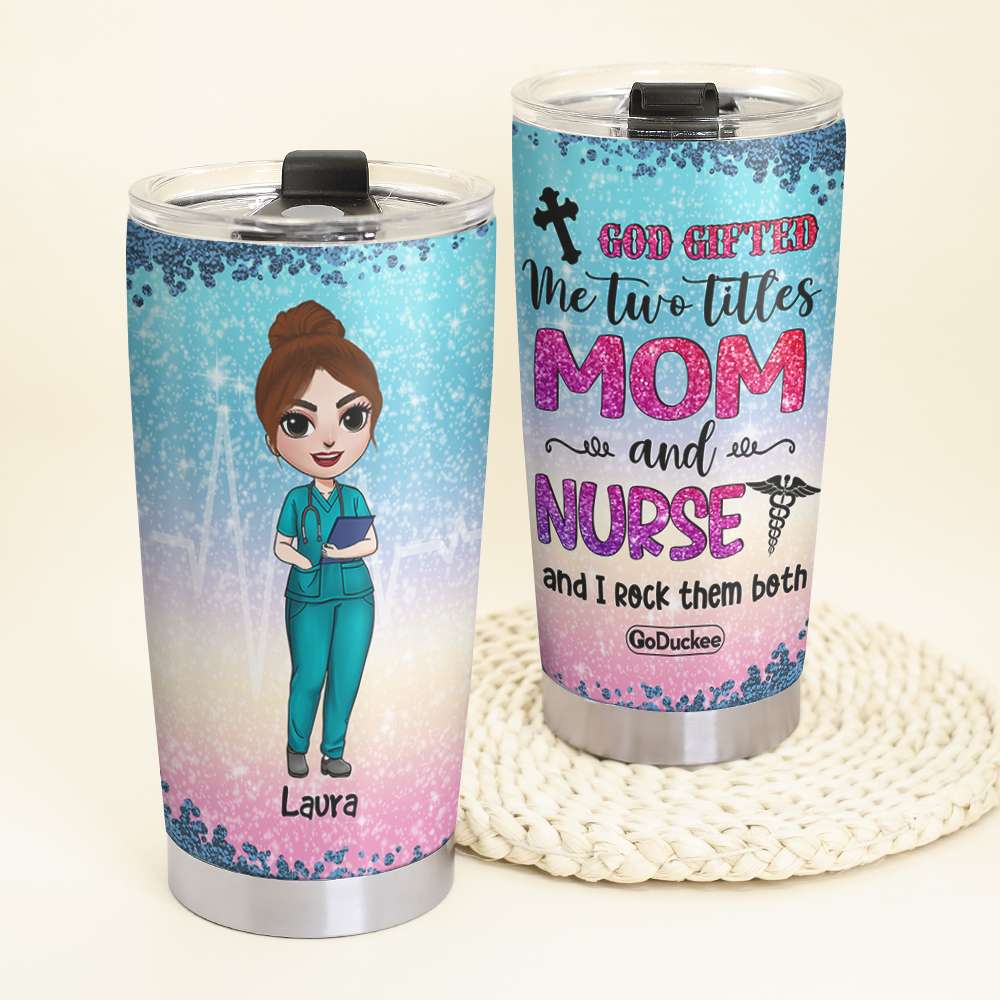 Personalized Nurse Dolls Tumbler - Two Titles Mom And Nurse - Chibi Nurse Front View - Tumbler Cup - GoDuckee