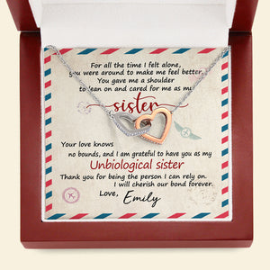 Unbiological Sister Interlocking Hearts Necklace - Custom Name - Stamp Postage - Jewelry - GoDuckee