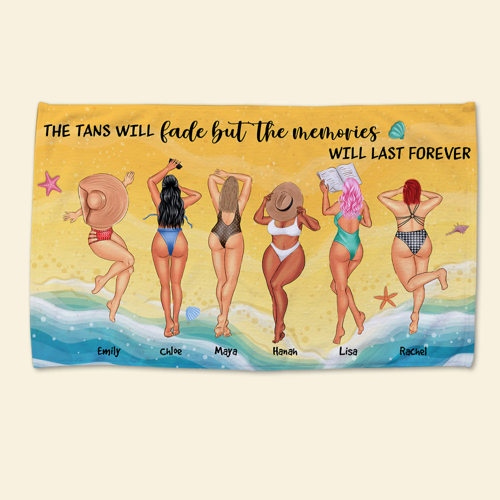 Tans Fade But Memories Last Forever - Personalized Beach Towel - Gifts For Big Sister, Sistas, Girls Trip - Sunbathing Girls - Beach Towel - GoDuckee