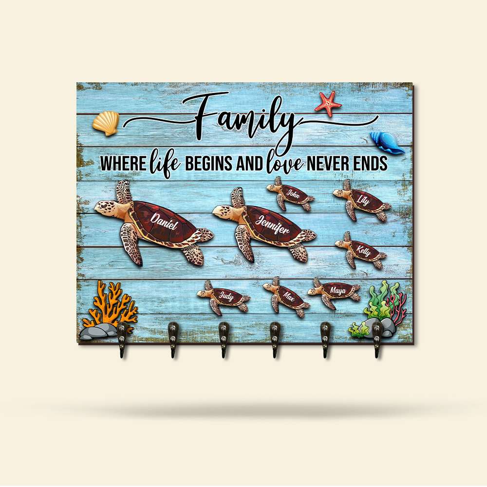 Family Where Life Begins And Love Never Ends - Personalized Wood Key Hanger - Wood Sign - GoDuckee