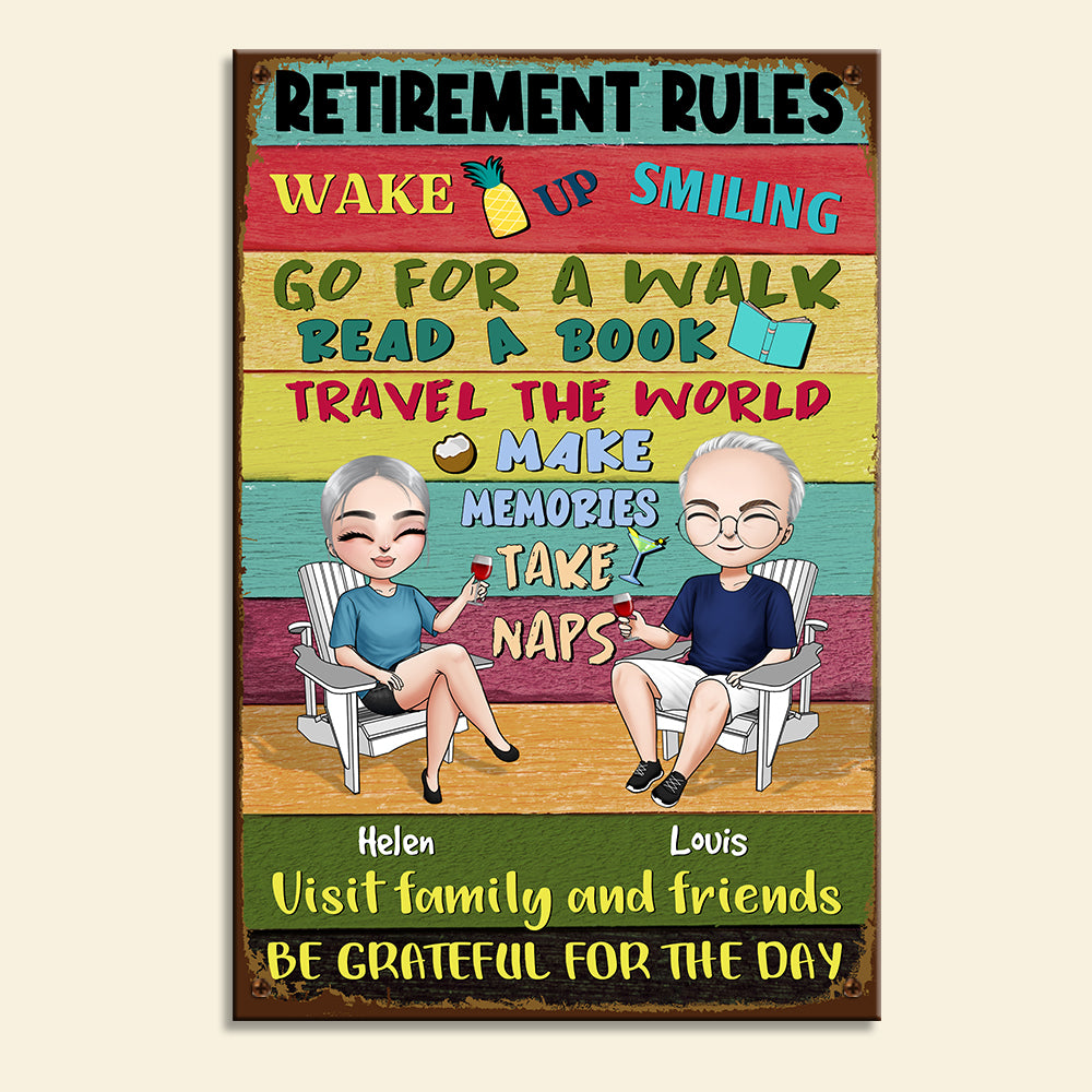 Retirement Rules - Personalized Metal Sign - Gift For Couple - Metal Wall Art - GoDuckee