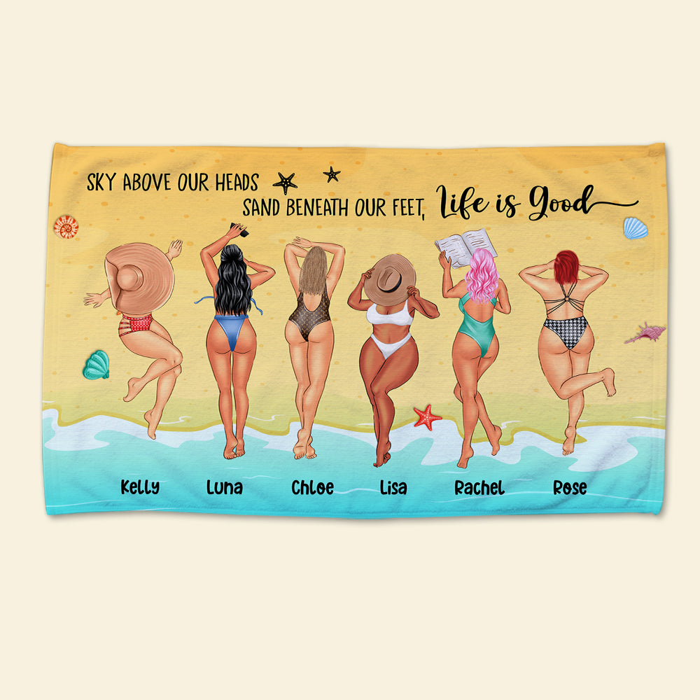 Sky Above Our Heads Sand Beneath Our Feet - Personalized Beach Towel - Gifts For Big Sister, Sistas, Girls Trip - Sunbathing Girls - Beach Towel - GoDuckee