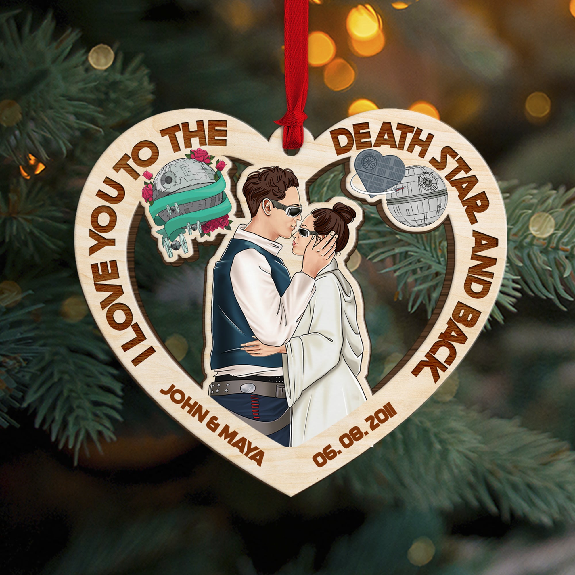 I Love You To The Death And Back, Couple Kissing Personalized Wood Ornament Christmas Gift - Ornament - GoDuckee